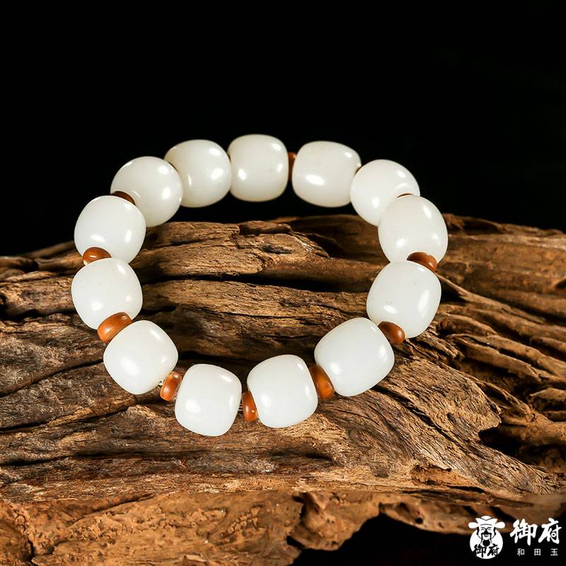 新疆和田玉白玉籽玉桶珠手串 39.3克 和田玉手串